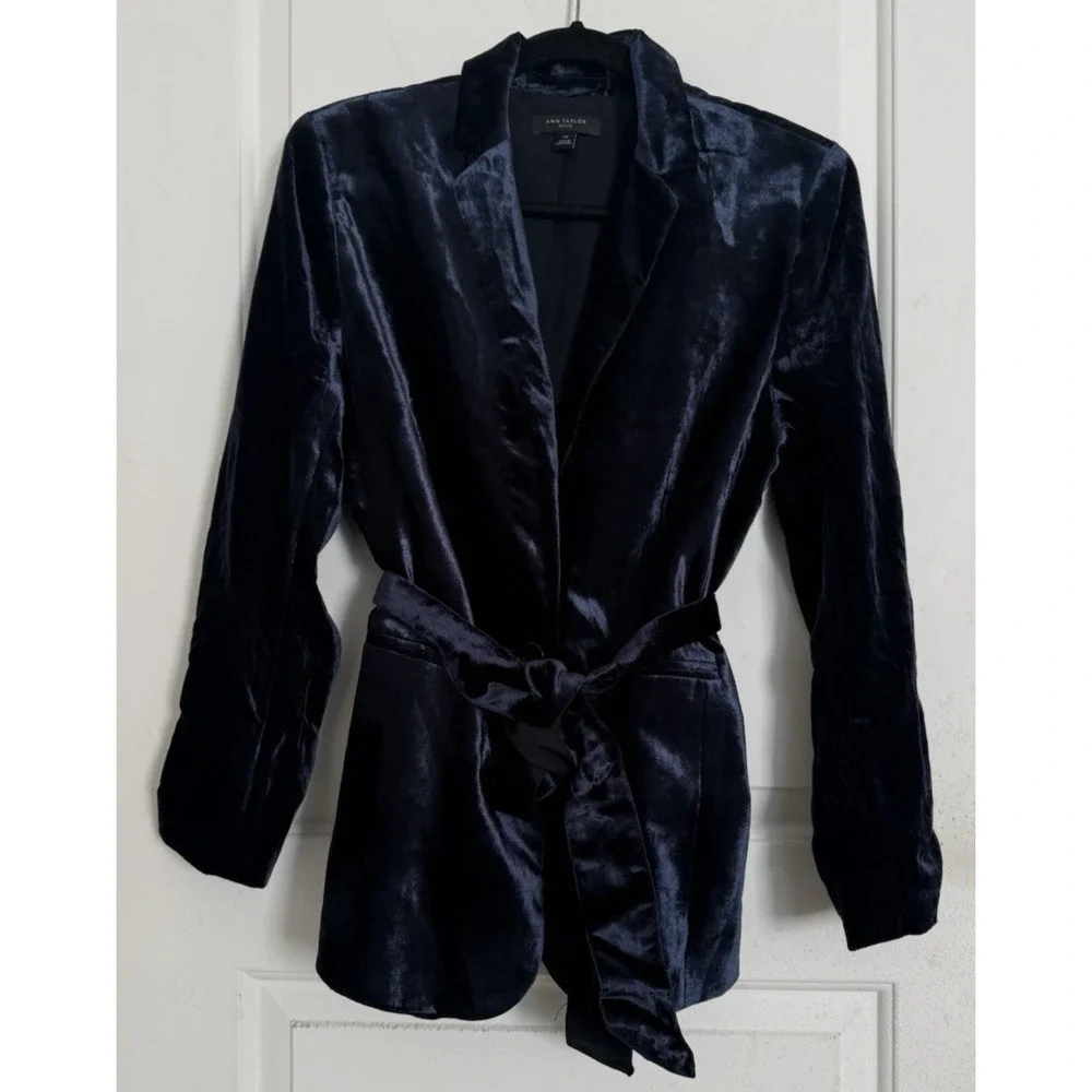 Ann Taylor Velvet Belted Blazer Jacket Coat Wrap Womens 14 Petite Dark Blue Navy